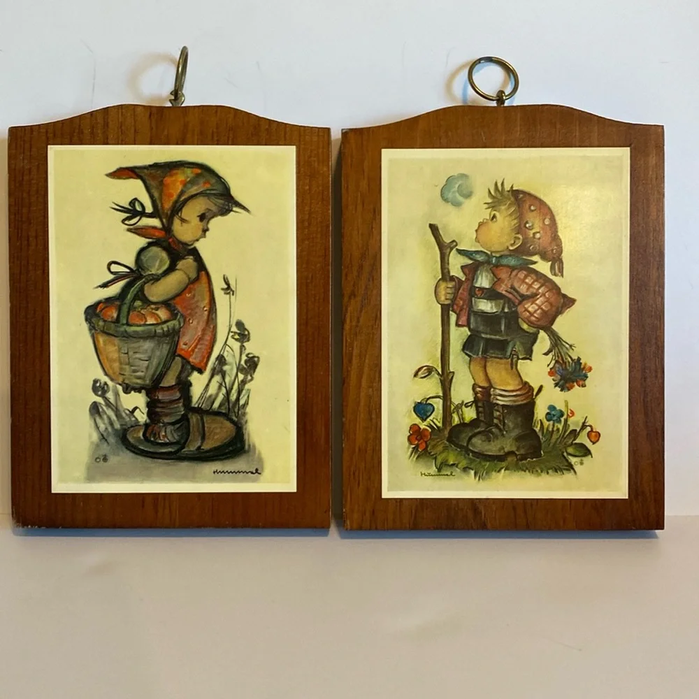2 Vintage Hummel Wood Plaque Art Print Wall Art Boy & Girl